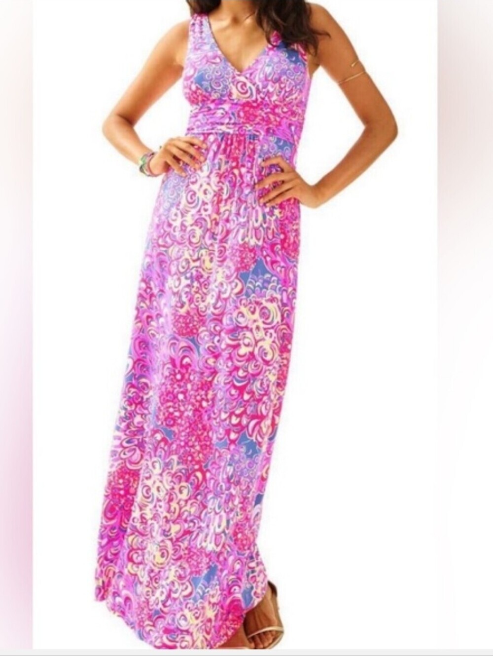 Lilly Pulitzer Sloan Pink Purple Floral Swirl Maxi Dress Iris Blue XXS Stretchy